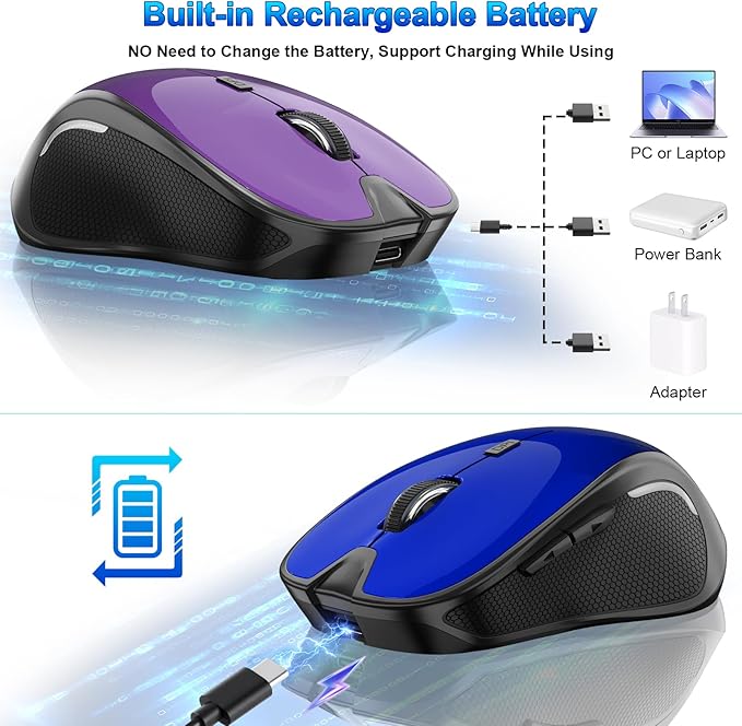 Mouse for MacBook Bluetooth Wireless Mouse Laptop MacBook Air Mac Pro Silent Rechargeable PC iPad Optical Mouse with Jiggler Dual Mode Switch Bluetooth 5.2/3.0 and 2.4GHz USB Type-C Receiver BLACK