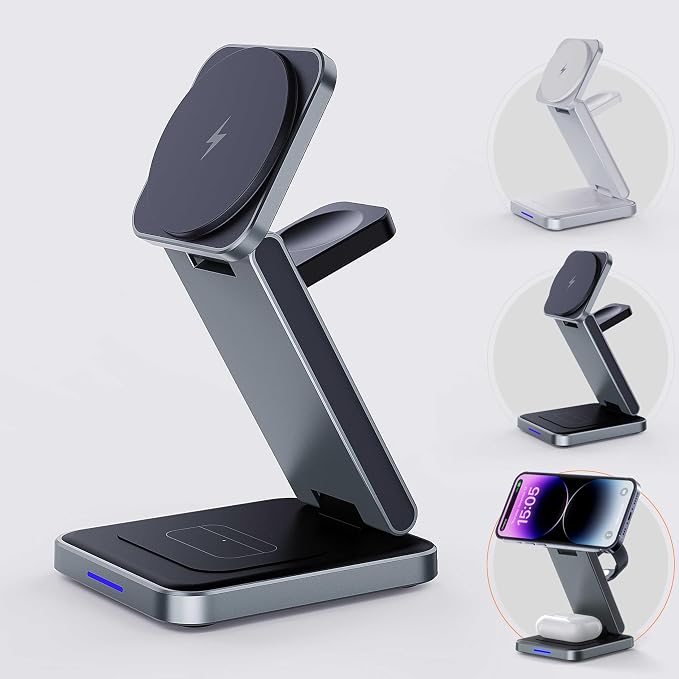 SIMPKEELY 3-in-1 Magnetic Wireless Charging Station, 15W Fast Charger Stand for iPhone/Apple Watch/AirPods, Foldable Design (White)