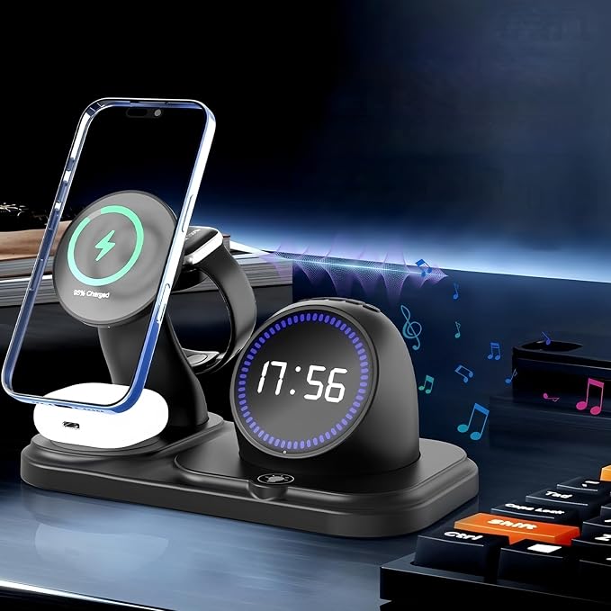 6 in 1 Wireless Charger for Apple Device,with Clock & 5 Color Ambient Light, Comes with Speakers,Nightstand Charger Station for iPhone 17/16/15/14/13/12/iWatch Series/AirPods (Black)