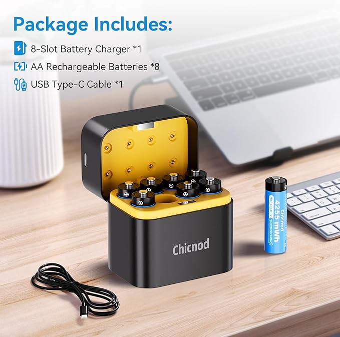 Rechargeable AA Lithium Batteries with Fast USB-C Charger, 8-Pack 4255 mWh 1.5V Constant Voltage for Blink Outdoor Camera, Xbox Controller, Flashlights â 2000+ Cycles