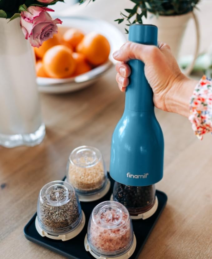 FinaMill Classic Battery Spice Mill – Battery Operated Salt and Pepper Grinder Set, Includes 2 Interchangeable Spice Pods, Adjustable Coarseness, LED Light, Home and Kitchen Gift Set for Father's Day