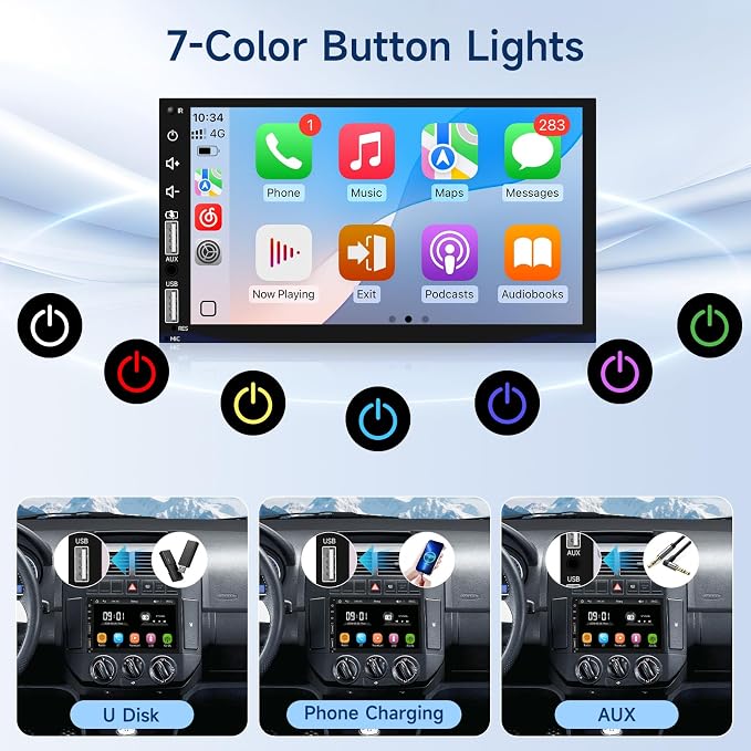 Leadfan Double Din Car Stereo Radio Support Apple Carplay&Android Auto, 7inch HD Touchscreen Double Din Radio with Bluetooth, Car Audio Receivers, Camera, MirrorLink, FM Radio, 2 USB/TF/AUX/Subwoofer