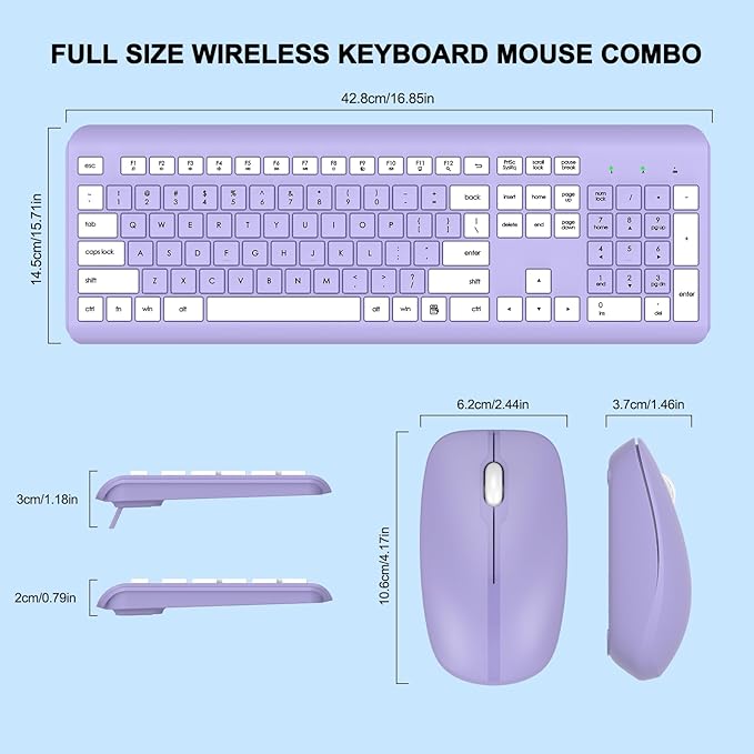 Wireless Keyboard and Mouse Combo, Full-Size Silent Ergonomic Keyboard and Optical Mouse, Long Battery Life, 2.4G Lag-Free Mice Keyboard for Computer, Mac, Laptop, PC, Windows(Purple)