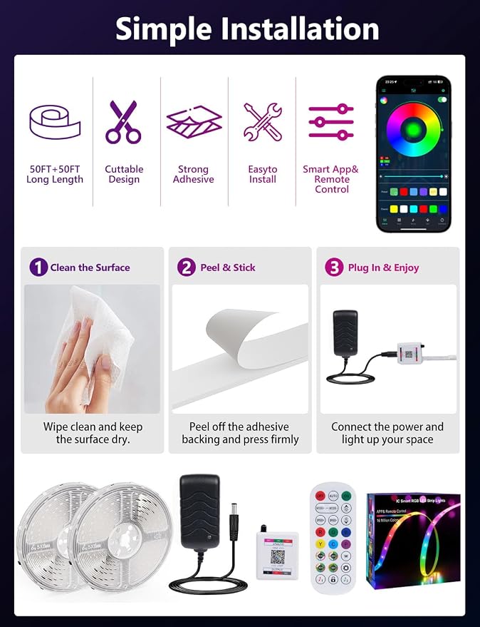 MFWW 130FT Strip Lights, Smart IC RGB LED Lights Multiple Colors on One Line, App+Remote Control, Timing, Multimodal, Music Sync, Color Changing Lights for Bedroom, Party Home Decor