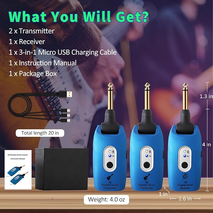 A9 Wireless Guitar System 2.4GHz Wireless Guitar Transmitter and Receiver, Rechargeable,4 Channels, 100FT/30m Range,270° Rotatable Plug,for Electric Guitar Bass (Blue(2TX+1RX))