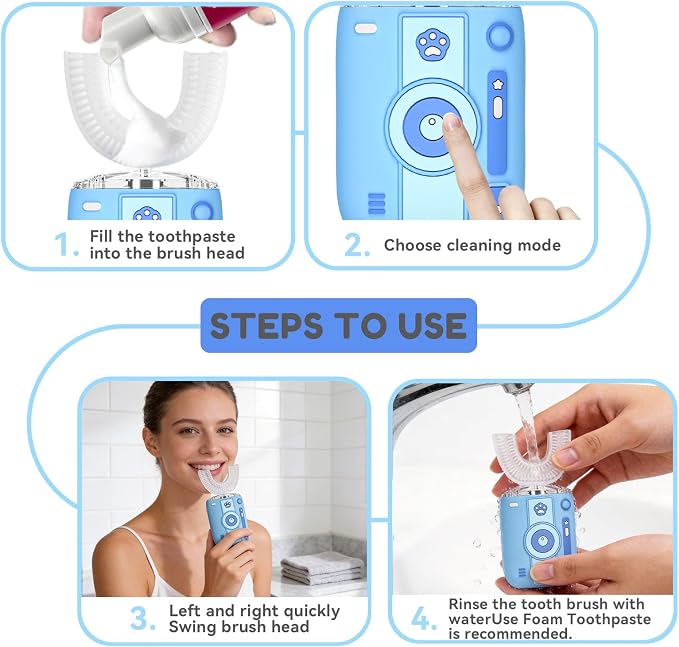 Adult Ultrasonic Electric Toothbrush, 360° Oral Cleaning for Stain & Whitening, IPX7 Waterproof Rechargeable, U-Shape Brush Head×3 + Straight Handle Brush Head×2