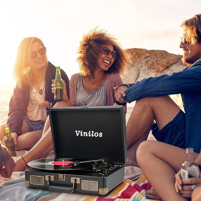 Vinyl Record Player with Bluetooth and Built-in Speakers, 3-Speed Portable Turntable for Vinyl Records, Retro Suitcase Design, USB Recording, Includes Extra Stylus, Ideal for Beginners(Black)-Vinilos