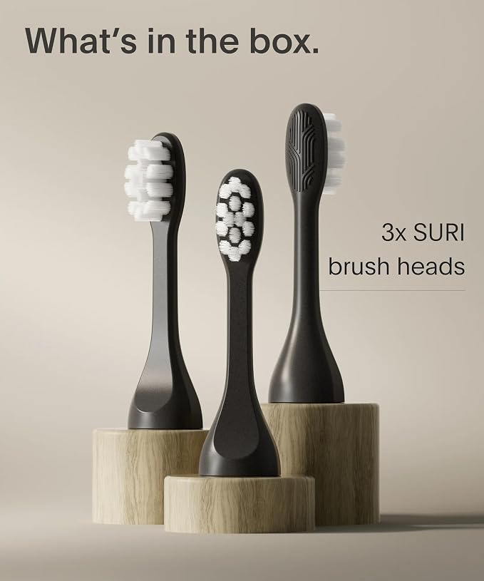 SURI Recyclable Plant-Based, Electric Toothbrush Heads - Long Lasting Replacement Heads | Compatible Only Sonic Electric Toothbrush - Midnight Black, Pack of 3