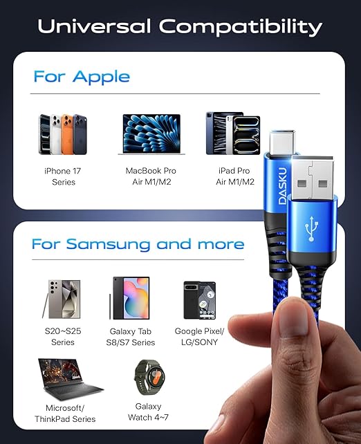 USB C Cable Fast Charging 6FT, 2Pack USB A o USB C Cable, Upgraded Extra Durable Braided USB A to USB C Charger Cord USB Type C Cable for iPhone 17 16 15 Pro Max,Samsung Galaxy S10, LG and More-Blue