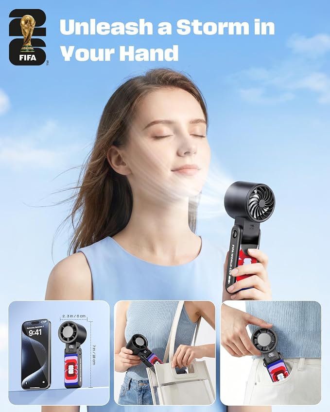 FIFA World Cup 2026 Portable Handheld Fan with Cooler, 1-199 Strong Wind Turbo Fan Rechargeable, 150° Adjustable, 13500RPM 3600mAh, Gift for Football Fanatic, Outdoor (Color) |Official Licensed