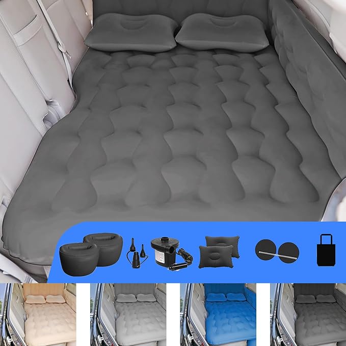 Car Bed SUV Air Mattress, Car Air Mattress with Electric Pump, 2 Inflatable Pillows and 2 Footrests for Back Seat, Side Seat,Trunk Sleeping, Thickened Camping Bed - Black