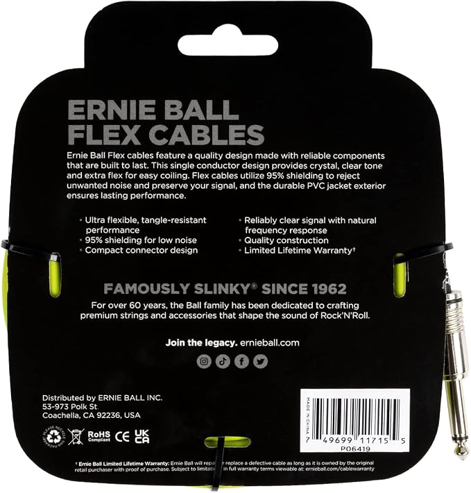 Ernie Ball Flex Instrument Cable Straight/Straight 20ft - Green