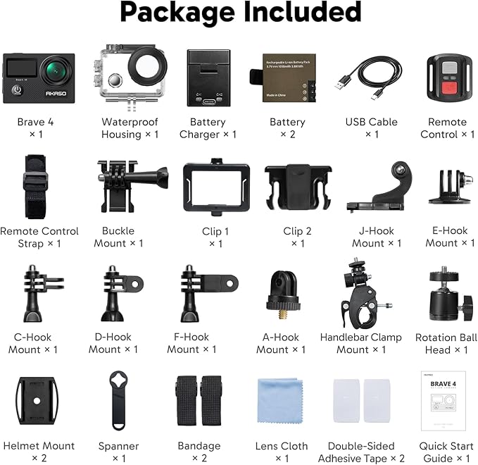 AKASO Brave 4 Action Camera 4K 30fps Ultra Hd Video 20MP Photo, EIS, WiFi Remote Control, 2X Batteries, Waterproof Underwater Camera for Snorkel, Travel, Motorcycle, Bicycle, Helmet Accessories Kit