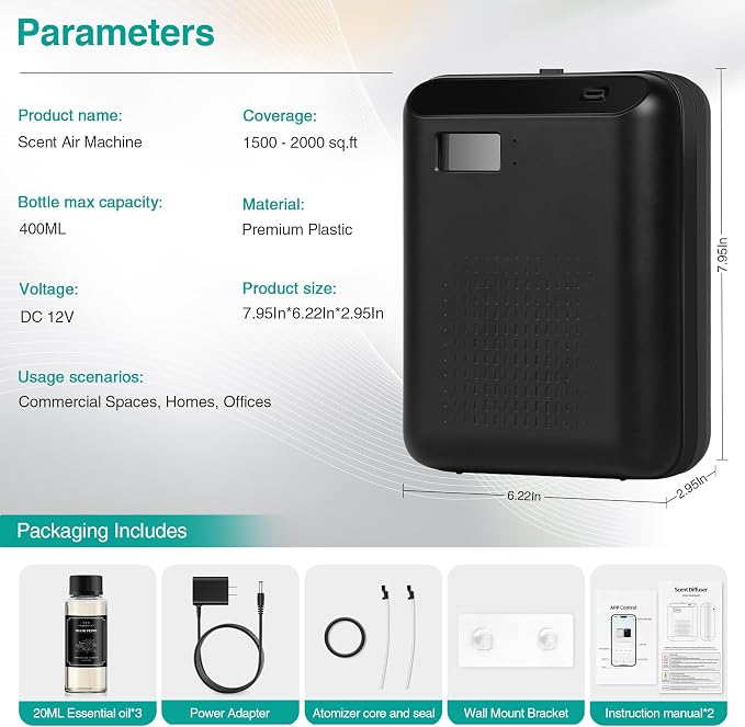 Scent Air Machine Starter Kit – Waterless Diffuser for Home & Commercial Use, Hotel Scent Diffuser Includes 100ml Essential Oil, WiFi/Bluetooth Control, 2000 sq.ft Coverage, Wall-Mount & Desktop,Black