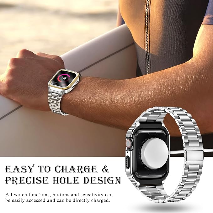 MioHHR Stainless Steel Band and Case Compatible with Apple Watch Band 44mm 42mm (Series 3/2/1), Men Metal Protective Bumper Cover for iWatch Series 6/5/4/3/2/1/SE/SE2/SE3, Silver/Gold