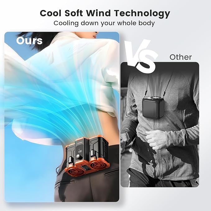 coldSky Waist Fan, 1-150 Adjustable Wind Speed Clip-on Fan | High Speed Dual-Motor,Rechargeable,Hands-Free,for Oudoor,Camping, Jobsite