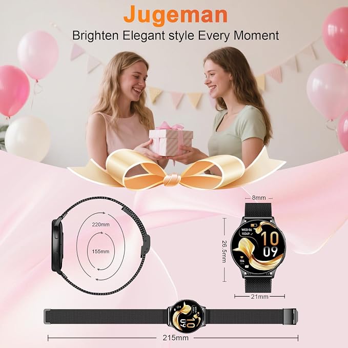Jugeman Smart Watch for Women, 1.32" AMOLED Screen Fitness Tracker with Bluetooth Calling (Answer/Make Calls), Step Heart Rate Sleep Monitor, IP68 Waterproof Watch for Android/iPhone (Black)
