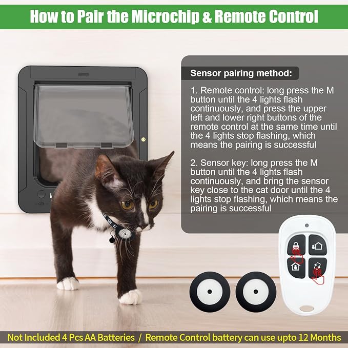 Smart Cat Door for Interior & Exterior, Cat Pet Door with 3 Collar Sensor Keys & 1 Remote Control & 4 Way Locking Cat Flap with RFID Collar Activated Opening (Black) (White Tags 3Pack)