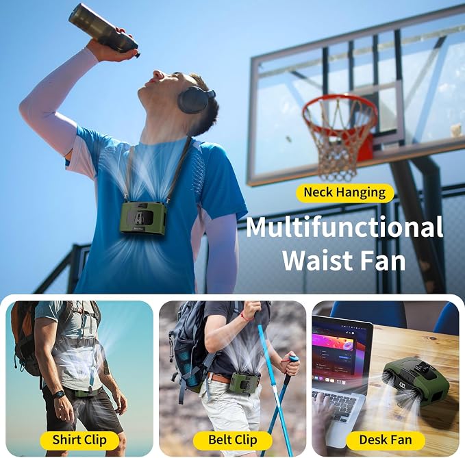 Socool 20000mAh Portable Waist Fan Clip on Wearable Belt Personal Fan Rechargeable, 40H Cooling Battery Operated with 10 Speeds & Dual Air Outlets, Neck Fans Hanging for Outdoor Jobsite Camping