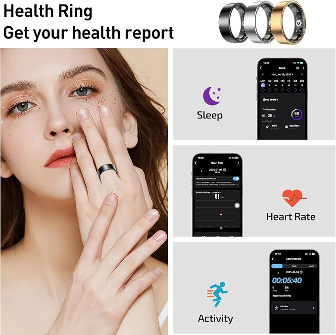 Smart Ring Health Tracker, Sleep&Exercise Monitor Heart Rate,Blood Oxygen,Fitness Trackers for Man&Women -Long Lasting Batteries,Waterproof Sleep Tracking Wearable (Rose Gold, 9)
