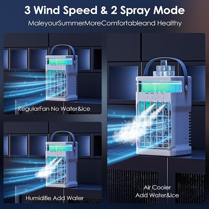 Portable Air Conditioner, Cooling Fan 3 Speeds & 3 Modes Personal Cooling Fan Mini Air Conditioner Fan with Remote, 1500ML Water Tank, Night Light, for Home Office Bedroom