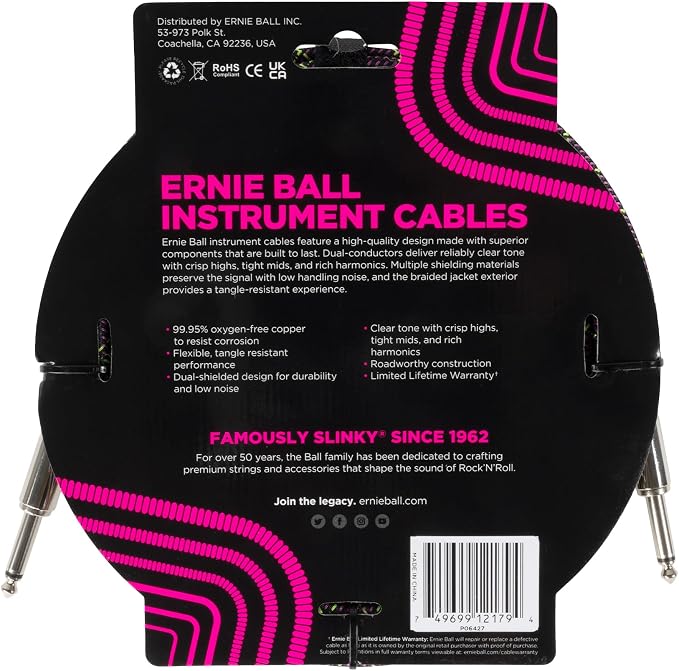 Ernie Ball Braided Instrument Cable Straight/Straight 10ft - Purple Python (P06427)