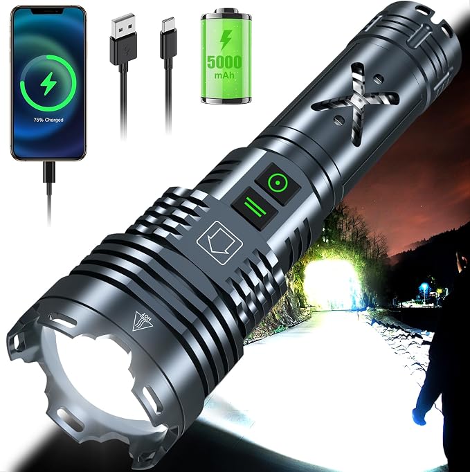 Super Bright 5500.000 High Lumens Flashlights Rechargeable, Powerful LED Flashlight 6 Mode, Zoomable Tactical Flashlights 5000mAh Long Life Battery, Anti-drop Wear-resistant for Home Emergency Camping