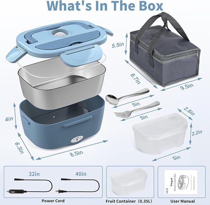 Vingud Electric Lunch Box for Adults, Heated Lunch Box Food Warmer, 80W Portable Heating Lunchbox for Work/Car/Truck, 12/24/110V Lonchera Eléctrica Portátil Christmas White Elephant Gifts, Lake Blue