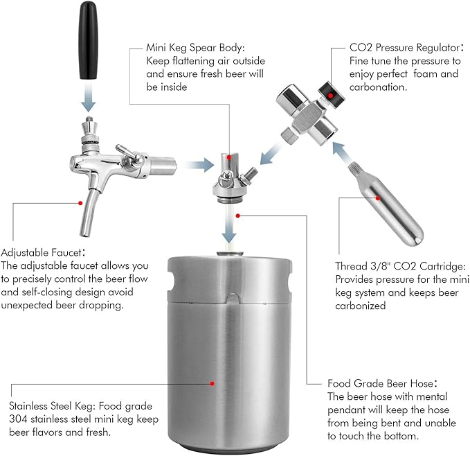 TMCRAFT 170oz Mini Keg Growler, Pressurized Stainless Steel Home Keg Kit System with Adjustable Faucet Keeps Fresh and Carbonation for Homebrew, Craft and Draft Beer