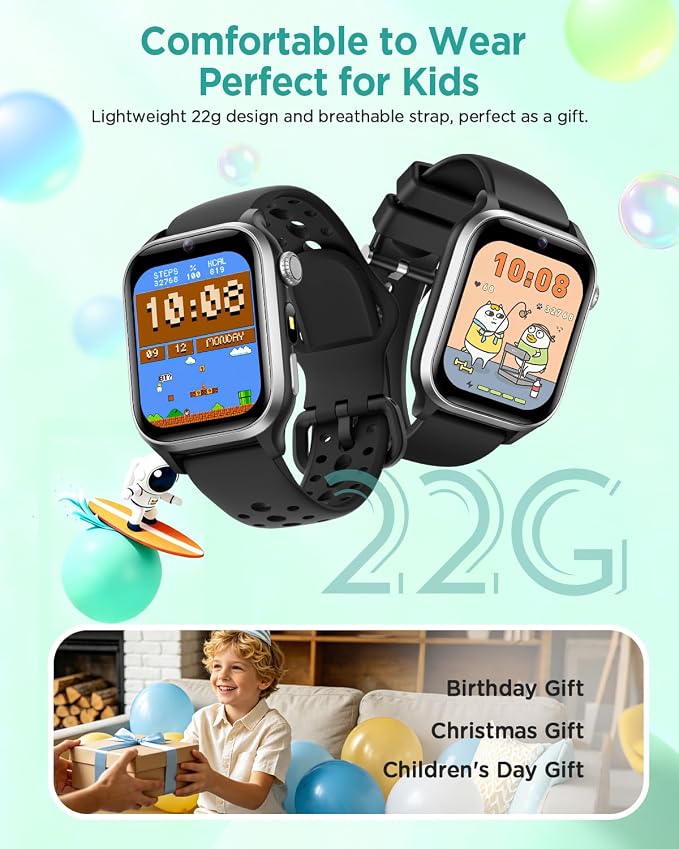 Smart Watch for Kids NO APP/Phone, 1.52" Fitness Tracker Watch Pedometer, Heart Rate, Flashlight, Video Camera, Puzzle Games, Sleep Monitor, IP68 Waterproof, Gift for Boys Girls 5-16,Black
