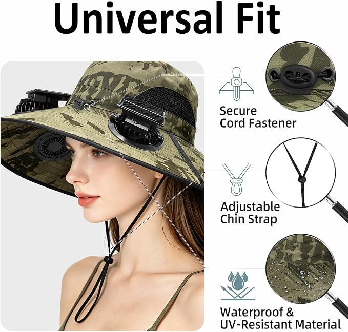 Solar Fan Hat with 2 Fans - Khaki Wide Brim Bucket Hat for Men Women, UPF 50+ Sun Hat for Fishing, Hiking