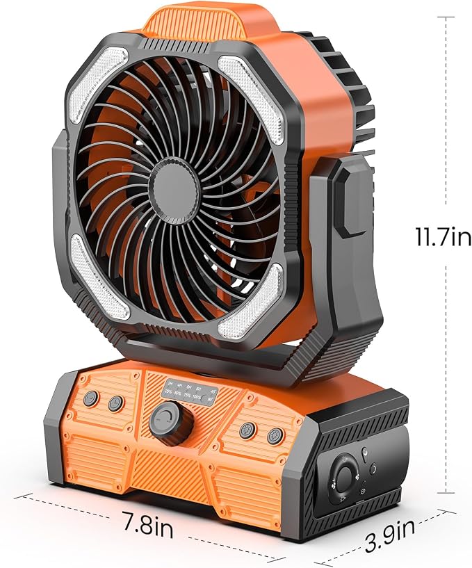 8” Portable Rechargeable Fan, Battery Operated Camping Fan with 27H Work Hours, Remote, Auto Oscillation, Timer, Hook for RV Tent Hurricane Emergency Orange
