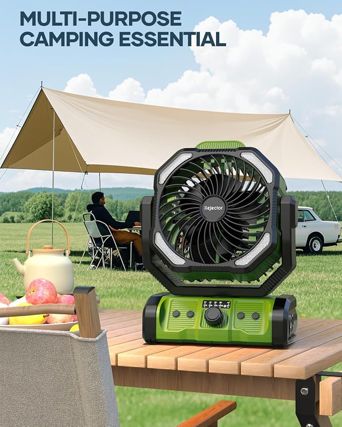 kejector Portable Camping Fan, 24000mAh Rechargeable Battery, Dual Motor & 8 Blades, Remote & Timer, 6 Speeds + Auto Swivel, LED Light for Tent, Travel, Camping Essentials