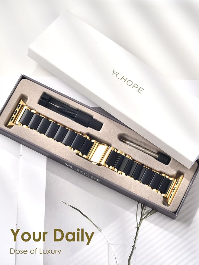 V.R.HOPE Gold Stainless-Steel Metal Resin Apple Watch Band 38mm 40mm 41mm 42mm Fashion Bracelet Strap for Women Compatible with iWatch Series 11/10/9/8/7/6/5/4/3/2/1/SE (Black+Gold)