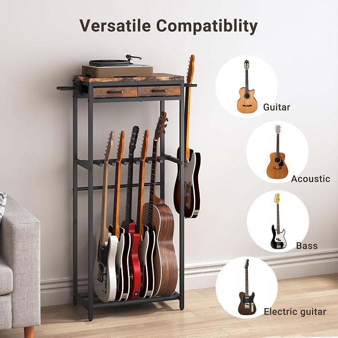 ELYKEN Guitar Stand, Guitar Rack with 2 Hangers and Storage Drawers for Guitar Accessories, Multiple Guitar Holder for Acoustic Electric Guitar, Bass, Instrument, Music Studio, Rustic Brown