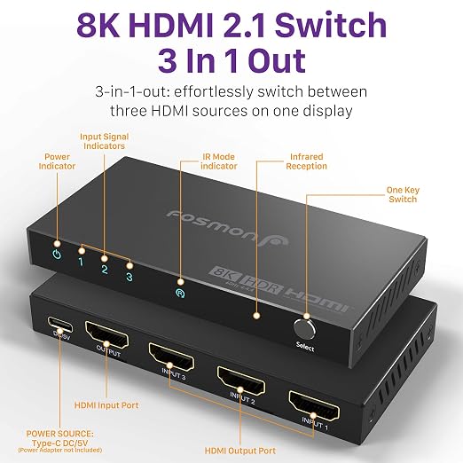 Fosmon 3-Port HDMI 8K Switch with Remote, Support 8K@60Hz 4K@120Hz HDR10+ HDCP 2.3 High Speed 48Gbps 3 in 1 Out Auto-Switching 3x1 HDMI 2.1 Switcher Splitter Hub Compatible with PS5, Xbox X, Apple TV