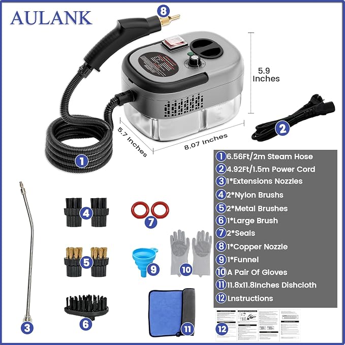 Steam Cleaner, Portable Pressurized Steamer for Cleaning with 14pcs Accessories, 6-Level Adjustable and 15s Heat-Up, Handheld Steam Cleaner for Home, Tile, Dirt, Grout, Grease, Car Detailing (Gray)