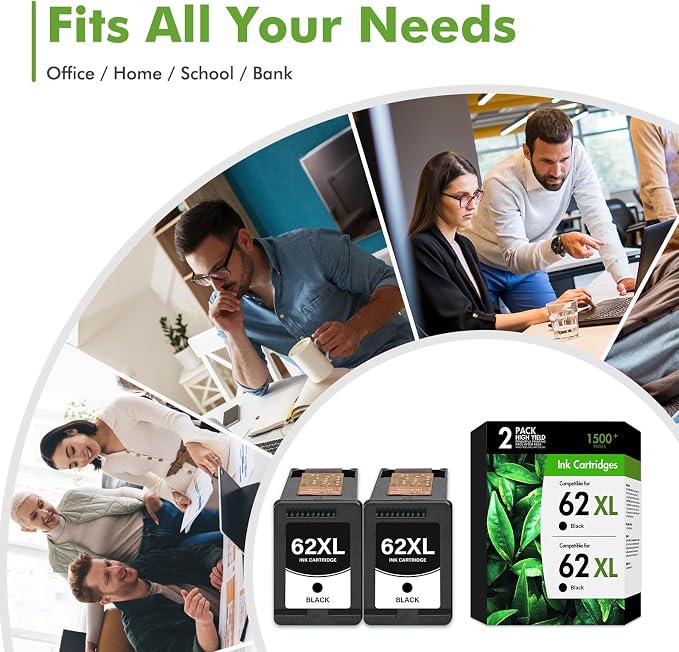 62XL Ink Cartridges Black Replacement for HP 62 62 XL Black Ink Cartridge Work for Envy 7640 5660 7645 5540 5544 5545 5664 OfficeJet 200 250 250 5740 5745 8040 Series Black (2-Pack)