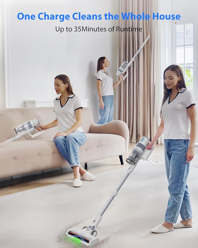 Cordless Vacuum Cleaner, 45KPA Stick Vacuum Cleaners for Home, 6-in-1 Rechargeable Lightweight Vacuum, Up to 35Mins Runtime