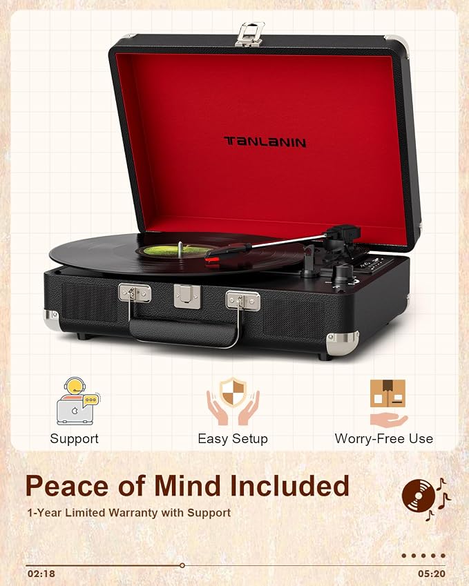 TANALNIN Vinyl Record Player, 3-Speed Bluetooth Portable Suitcase Turntable with Built-in Speakers, USB Recording, RCA Output, AUX Input/Output, Vintage Vinyl Player for Home, Bedroom or Gifting,Black