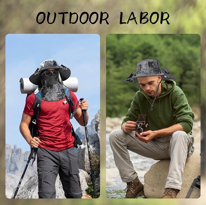 Solar Powered Fan Hat with 2 Fans, Wide Brim Sun Hat for Men Women, Adjustable Cooling Fishing Hat for Outdoor