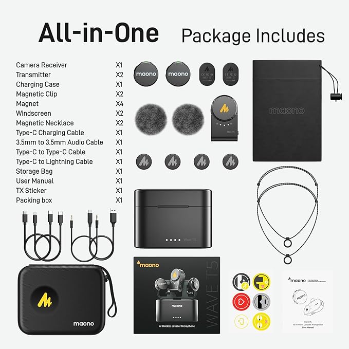 MAONO Wireless Lavalier Microphone for Camera/PC/Laptop/Phones, Mini Lapel Mic with 48khz 24bit, 1000ft Range, Noise Cancellation, Gain Knob, Mono-Stereo Switch, 30H Use for Video Recording - Wave T5