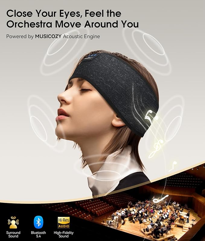 MUSICOZY Bluetooth 5.4 Sleep Headphones Sports Headband Headphones, Wireless Earphones Music Sleep Earbuds for Side Sleepers Sleeping Eye Mask for Women Men Workout Running Cool Unique Gifts