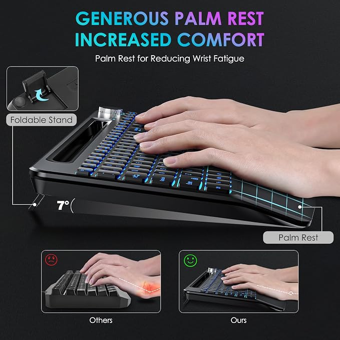 2.4G Wireless Keyboard with Mouse, Backlit Wireless Keyboard Mouse Combo,Rechargeable,with 7 Colored Backlits &Phone Holder &Wrist Rest &jiggler Mouse.Lighted up Full Size for Mac Windows Laptop PC