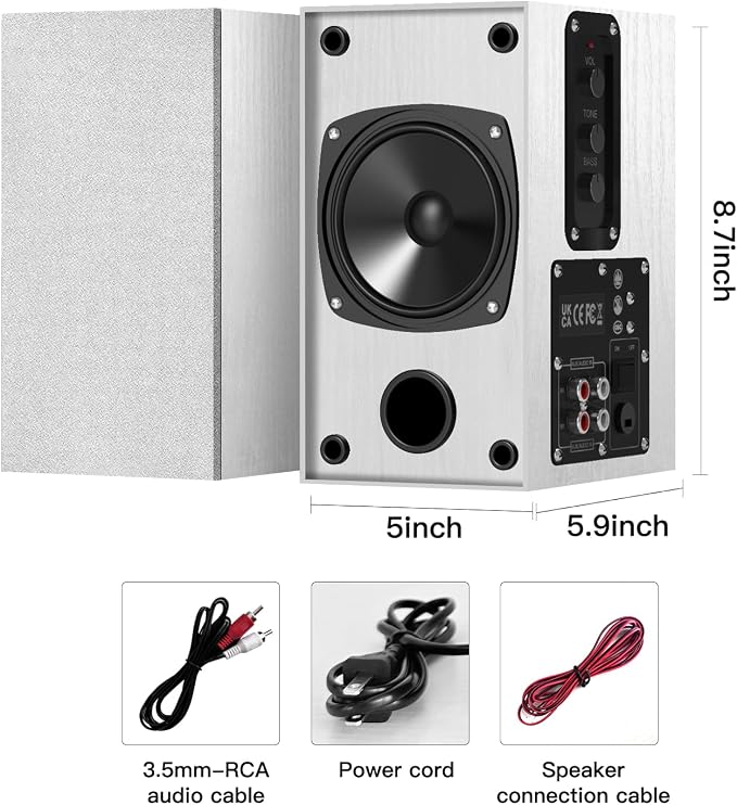 Elimavi 30W X 2 Powered Bookshelf Speakers - 3.5-RCA Input for Turntable, TV, PC, Record Player Speakers with 4 Inch Woofer & Wall Mounted, White