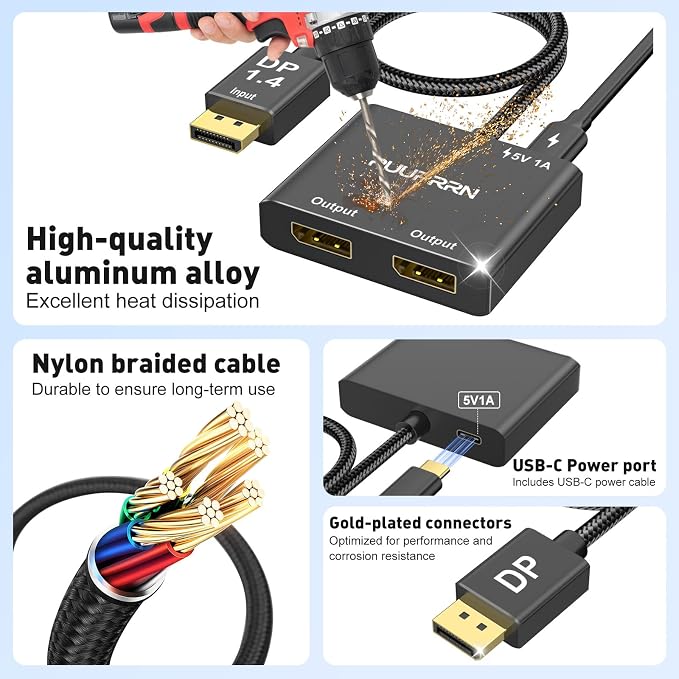 4K@60Hz DisplayPort to Dual DisplayPort Splitter Adapter, Display Port Splitter for Dual Monitors, DP 1.4 Splitter 1 in 2 Out, Displayport MST Hub for PC, Graphics Card, NVIDIA, AMD