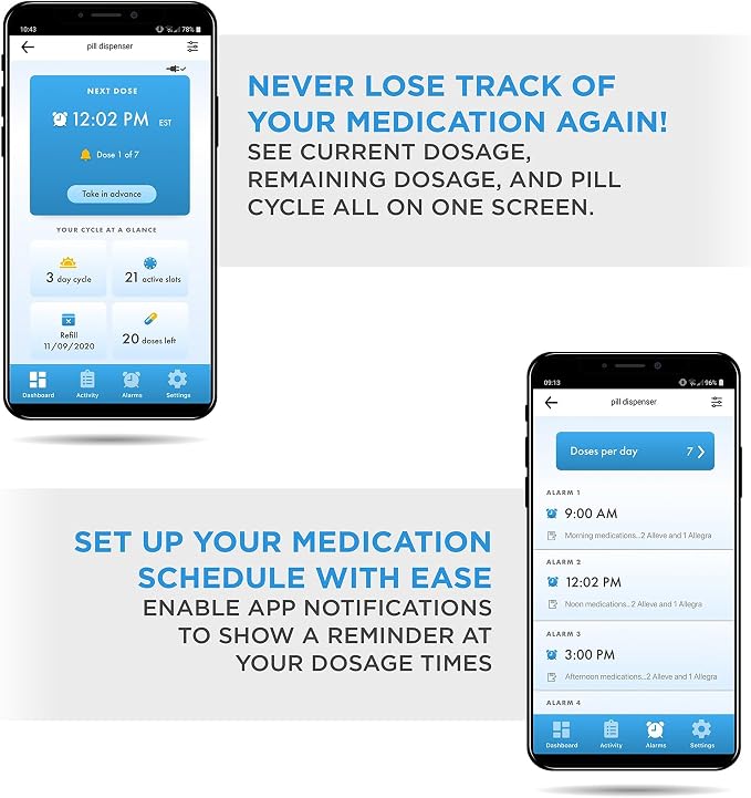 LiveFine Smart Pill Dispenser with WiFi & App, Removable Cups, 21 Compartments, 9 Dosage Rings, Alarm Reminder, LCD Display, Sound & Light Alerts for Vitamins, Supplements, Medications & Seniors