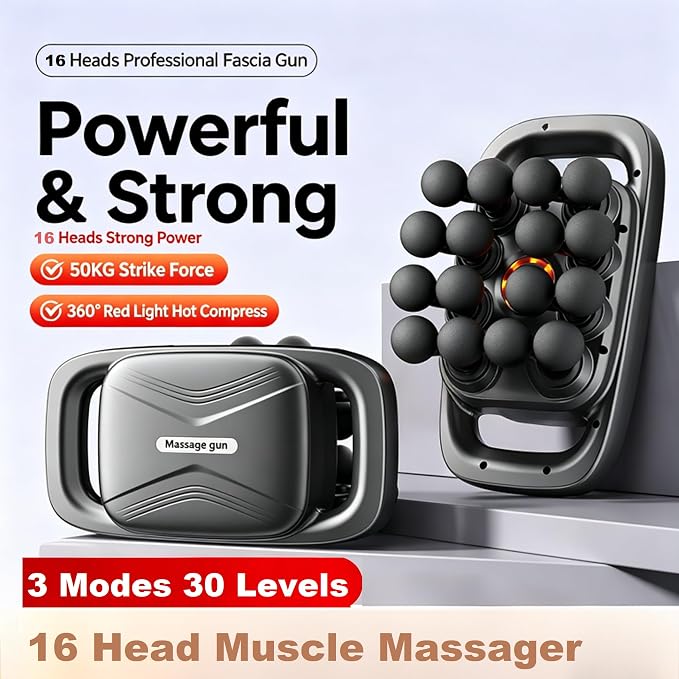 VINGVO 16 Head Muscle Massager 3 Modes 30 Levels Deep Tissue Massage Gun for Full Body Relaxation