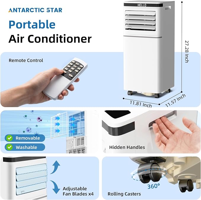 Antarctic Star 8000 BTU Portable Air Conditioner, 3-in-1 AC Unit with Fan, Dehumidifier, Remote Control, 24H Timer, Sleep Mode, Digital Display for Home & Office