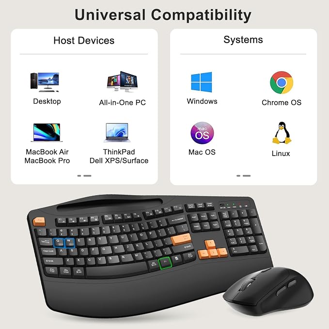 Wireless Keyboard and Mouse Combo, 2.4G Full Size Wave Keys Ergonomic Keyboard with Wrist Rest, Phone Holder, 3-Level DPI Wireless Silent Mouse with 6-Buttons, for Windows, Mac OS (Orange Black)